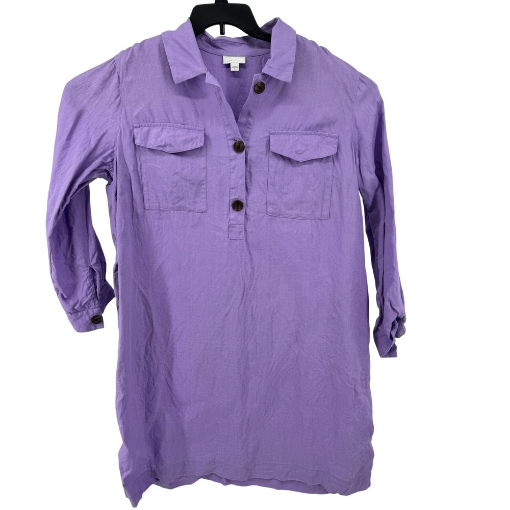 J. Jill Love Linen Purple Dress Tunic Womens XL 100% Linen Long Sleeve‎ Pockets